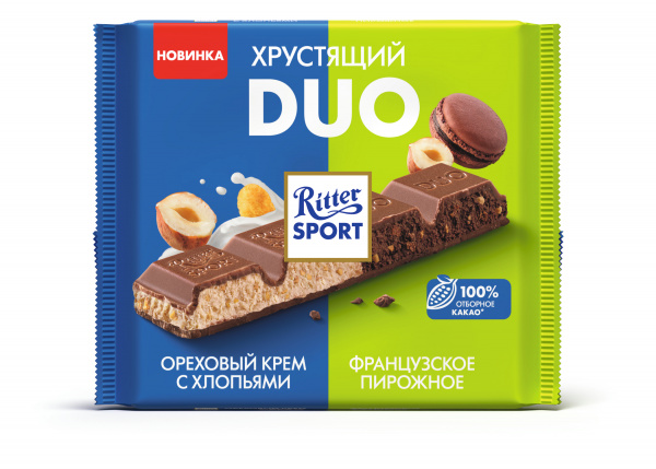 Шоколад Риттер Спорт Хрустящий DUO 230гр Ореховый крем с хлопьями и французское пироженое